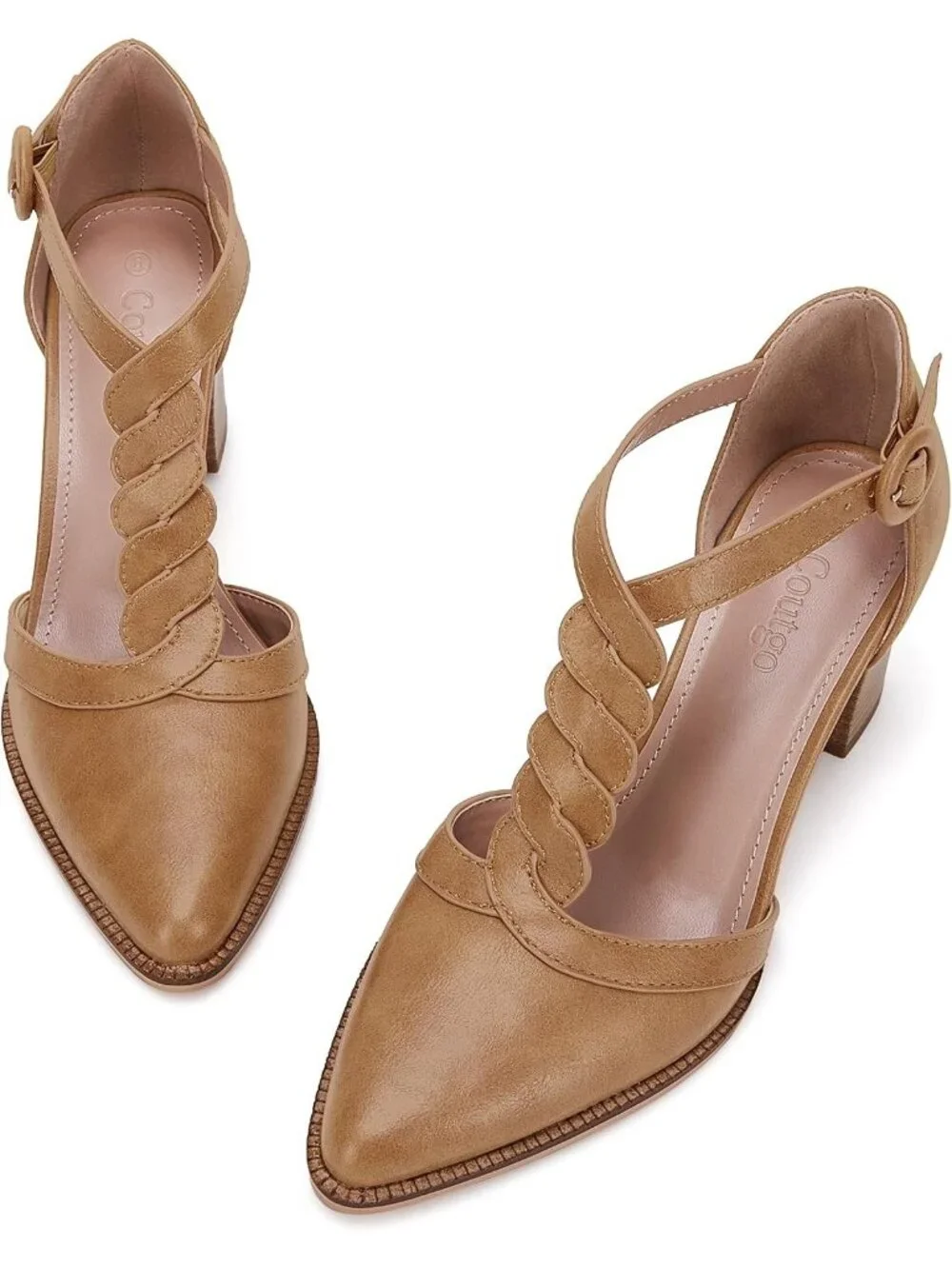 Women's Khaki Chunky Heels T Strap Pointed Toe Stacked Heeled Sandals Pumps